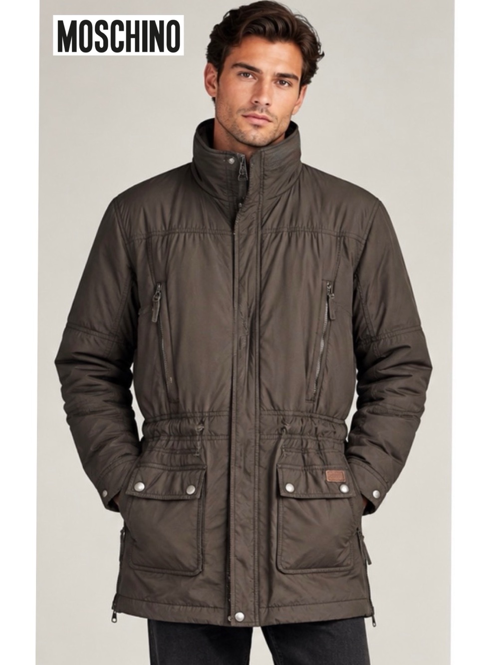 Moschino Jeans Uomo Padded Parka Puffer Utility Field Jacket Y2K Brown M 32
